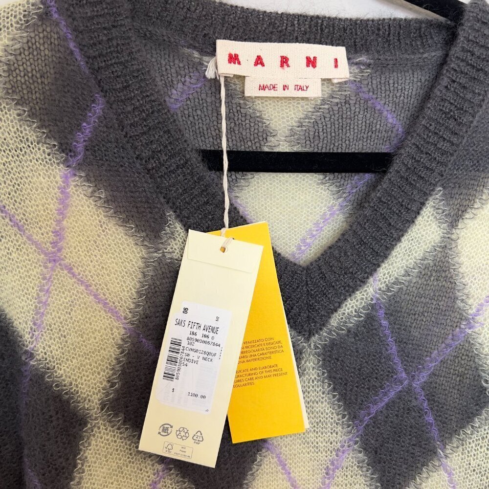 497 Nwt Marni Argyle-pattern V-neck wool-blend jumper Size 54 Color Grey Yellow - Picture 4 of 12